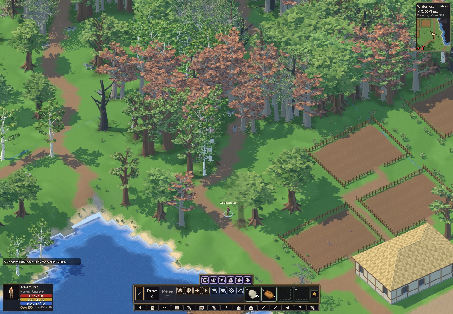 Ambry’s wooded valley, farm fields, and lake in an early development build