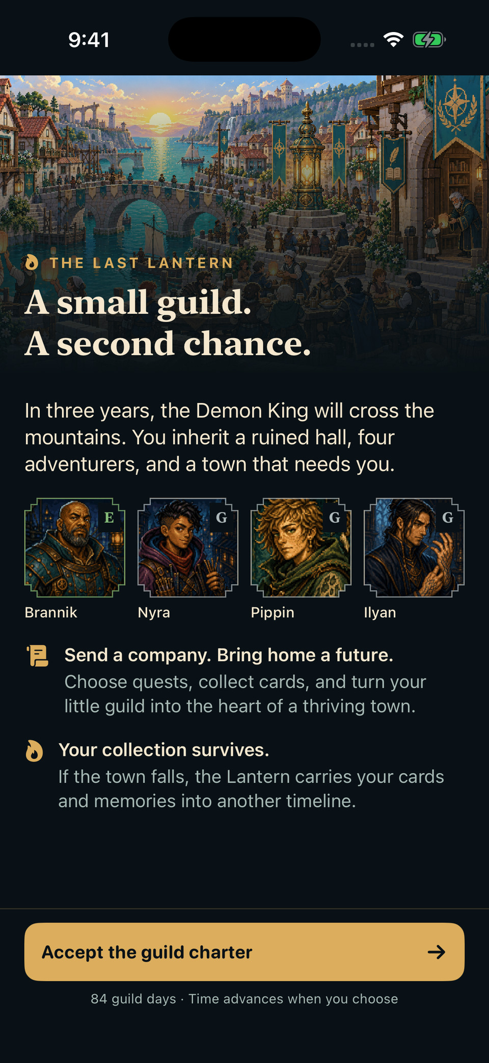 The opening guild charter introduces four adventurers and the Last Lantern’s second chance
