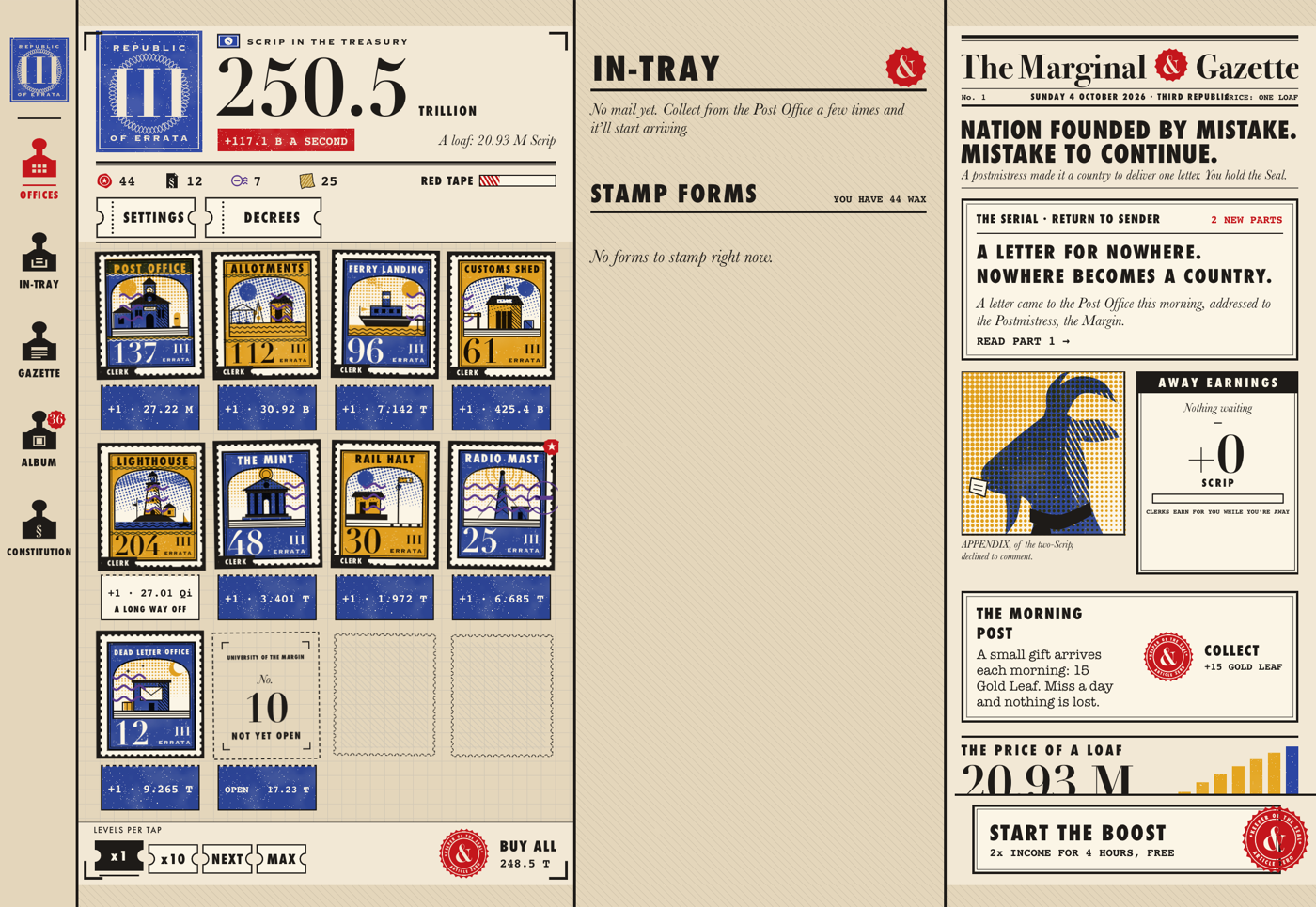 The iPad Keeper’s Desk places Office stamps, In-Tray, and Gazette in three columns