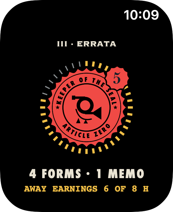 The red Keeper’s Seal shows four forms and one memo waiting — Apple Watch interface render