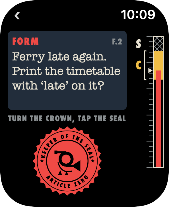 A form awaits a stamp while the ink gauge rests in the clean band — Apple Watch interface render