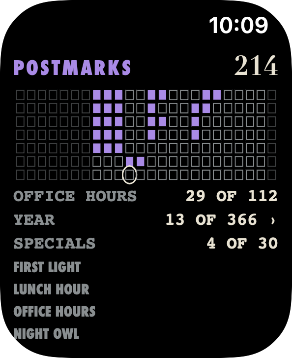 A calendar of dated postmarks records activity in the Republic — Apple Watch interface render